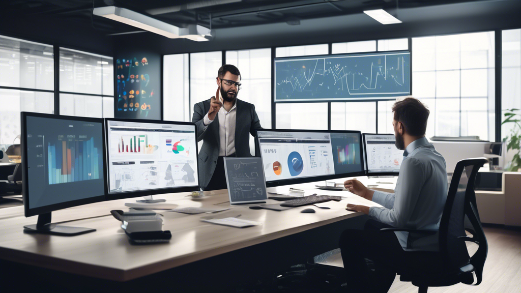 A modern office environment with a professional sitting at a desk, frustrated while looking at a computer screen displaying a complex CRM software interfac