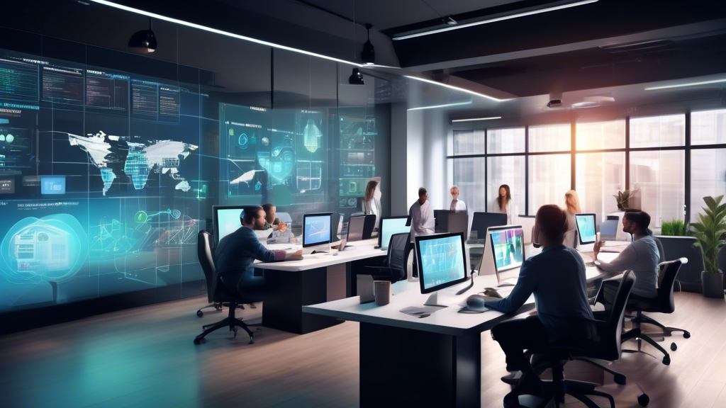 A modern small business office with diverse employees working collaboratively on CRM software. A large digital screen displays dynamic charts and customer