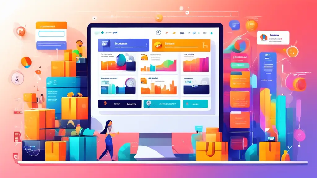 Create an image of a vibrant, modern e-commerce dashboard showcasing various CRM tools. The dashboard should display graphs, customer profiles, sales analy
