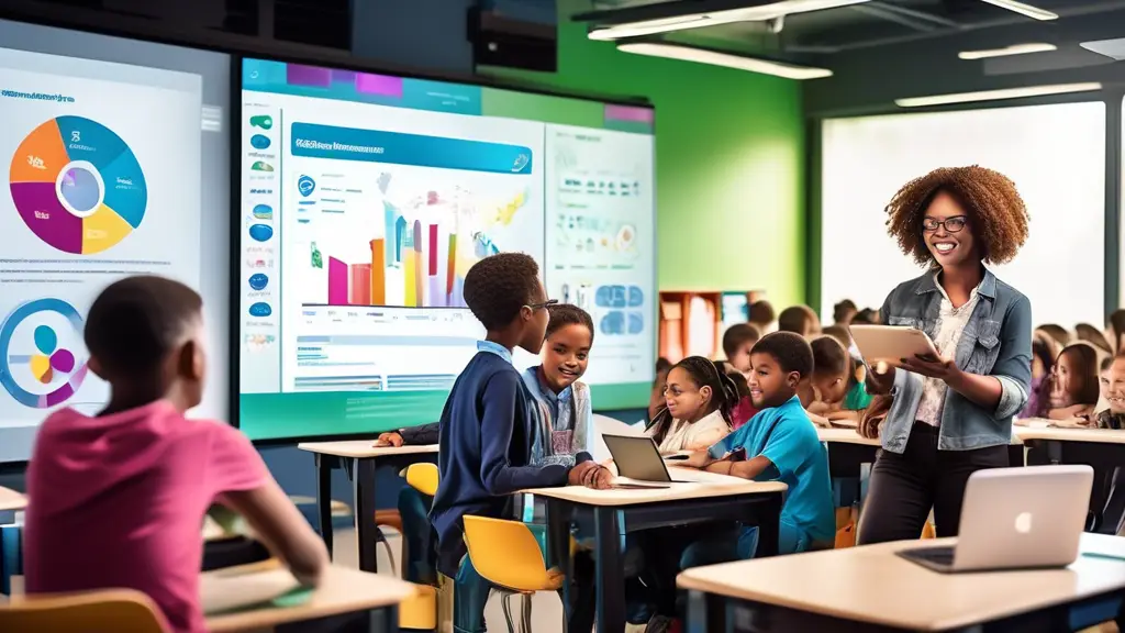 A dynamic, modern classroom with engaged, diverse students using tablets and laptops. A teacher interacts with a digital platform on a smartboard displayin