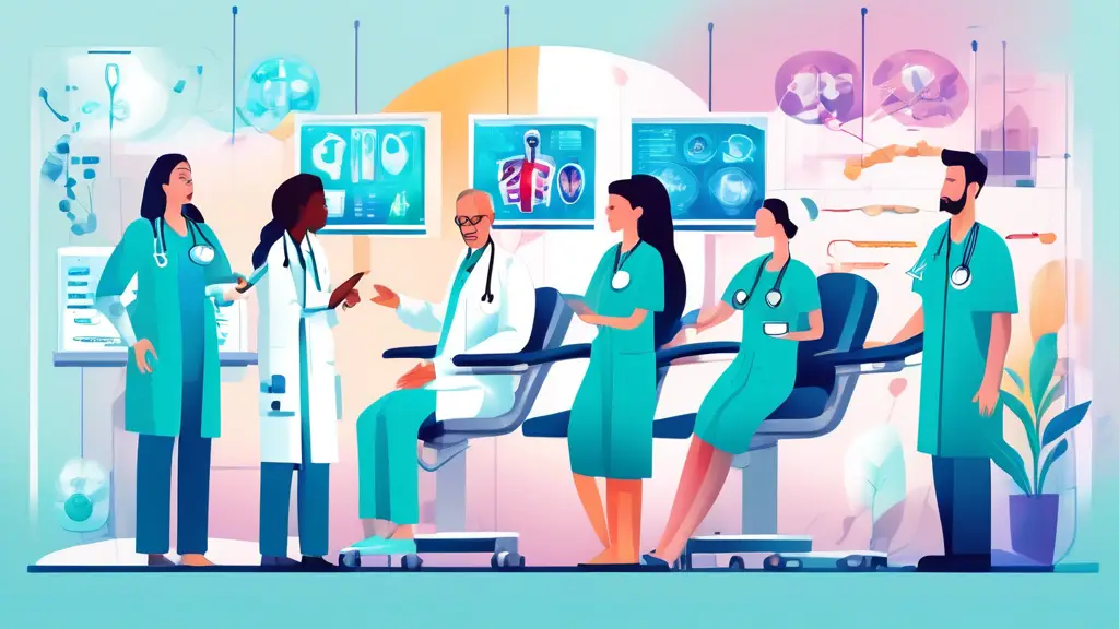 Create an image depicting a healthcare scene where advanced technology, particularly a CRM system, is being used by healthcare professionals to enhance pat