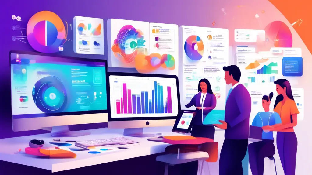 Create an image depicting a bustling marketing team's digital workspace filled with vibrant charts, graphs, and CRM interface screens. Show team members co
