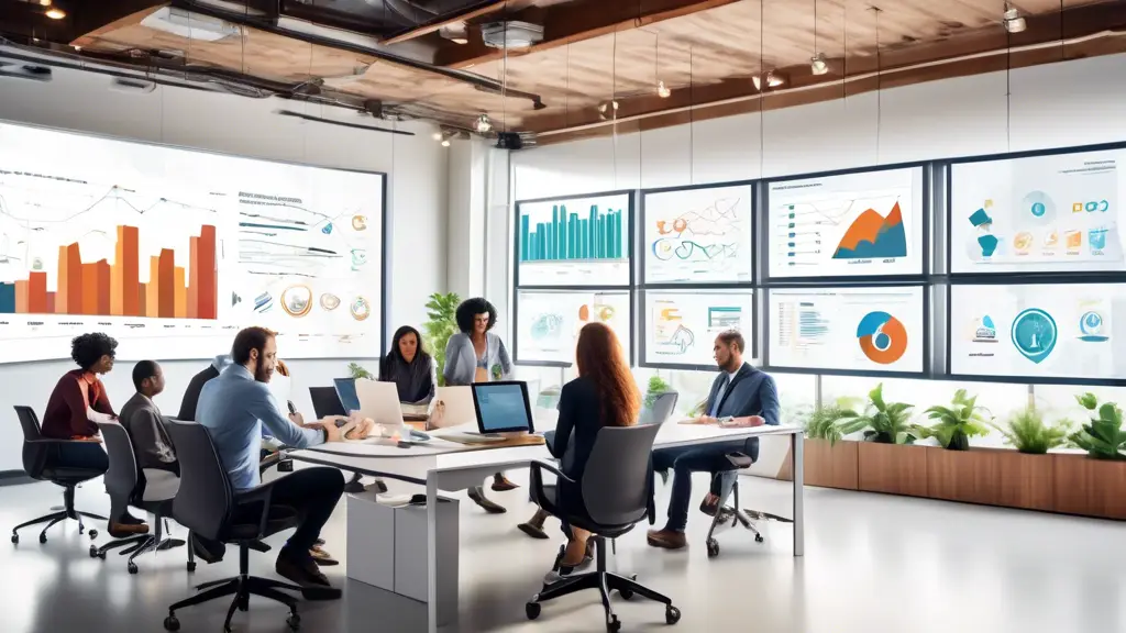 A modern nonprofit office setting with a diverse team of professionals working on computers and tablets, engaged in managing donor relationships through a