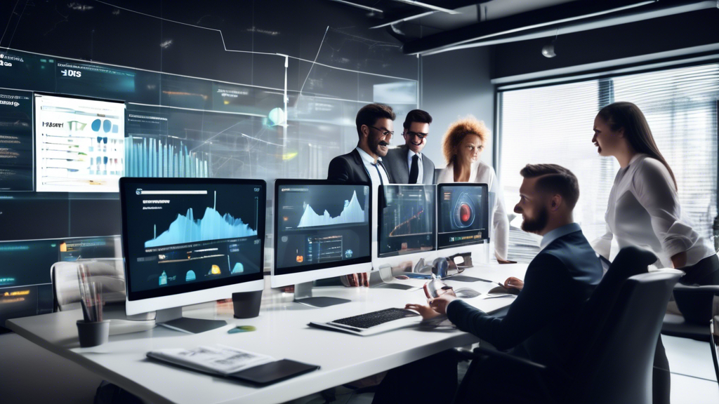 An image of a sleek, modern office space with a team of sales professionals actively engaging with a high-tech CRM software on their computers and tablets.