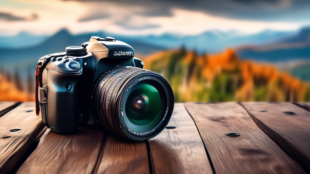 A high-tech DSLR camera with a mounted zoom lens, sitting on a rustic wooden table with a blurred background of a scenic mountain landscape. The camera is