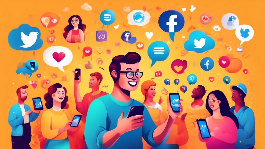 Create an imaginative and vibrant illustration of a person captivating an audience on social media. They are using storytelling techniques, showcasing emoj