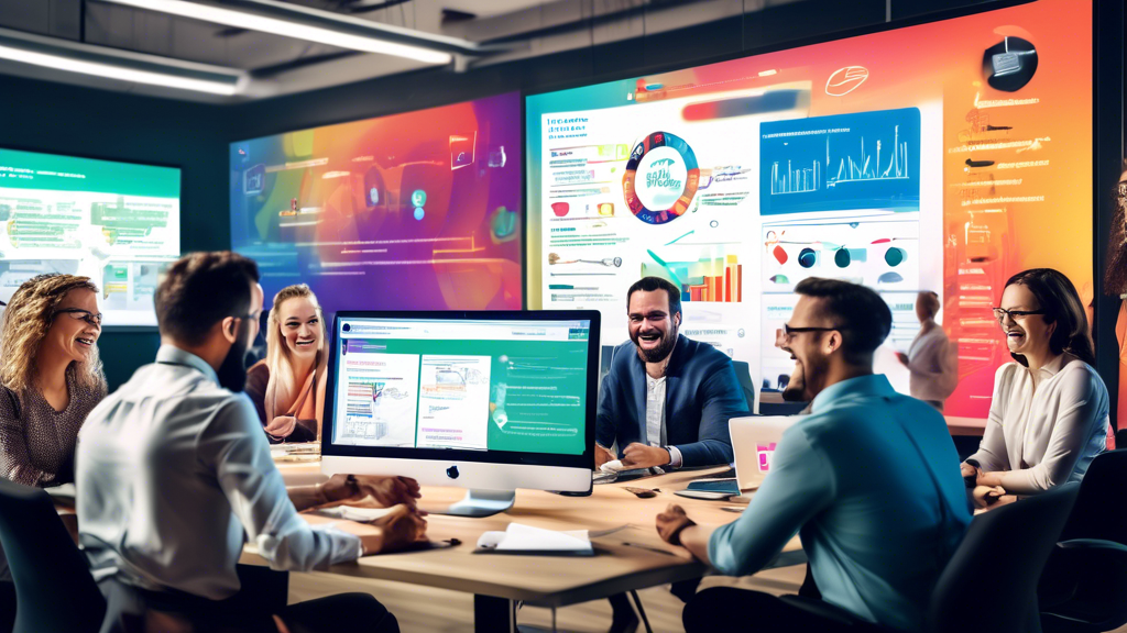 A vibrant office setting where a diverse team of professionals is collaborating on a project. In the foreground, a large screen displays various successful