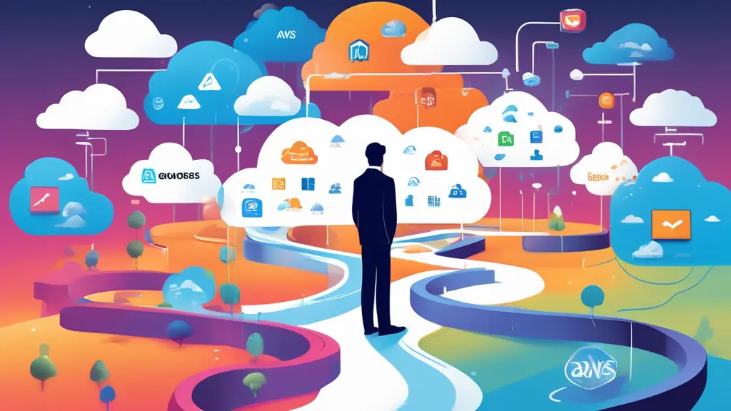 An illustration of a businessperson standing at a crossroads, each path leading to a different cloud provider represented by logos of major companies like