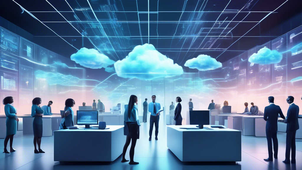 Create an image of a futuristic office space where employees and AI work together seamlessly. The central focus should be a holographic screen displaying C