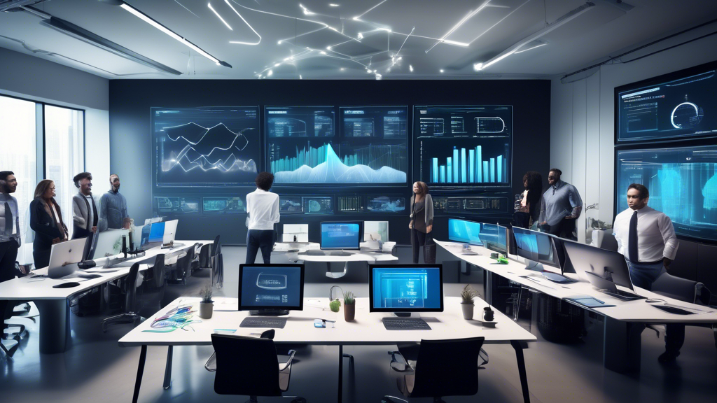 A modern office workspace with a diverse team of professionals gathered around a large conference table. Multiple sleek laptops and tablets display complex