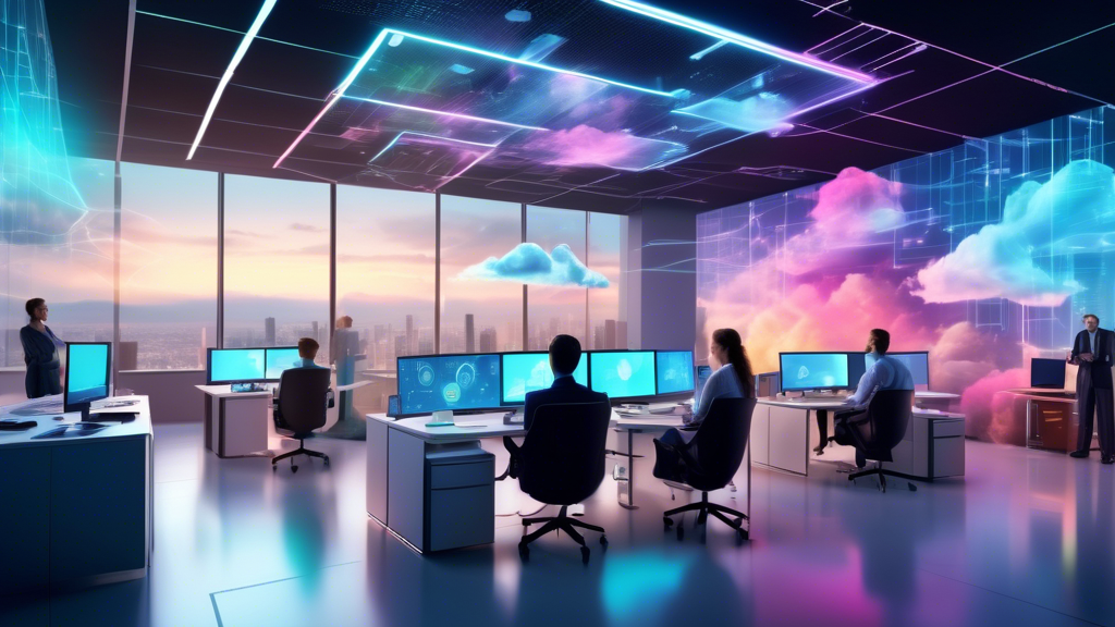 A vibrant, futuristic office space where a diverse group of professionals uses holographic interfaces to customize cloud solutions. One corner shows a data