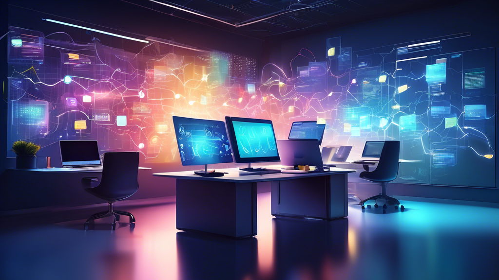 A futuristic office setting where various digital tools like calendars, email, project management boards, and CRM software are seamlessly connected through