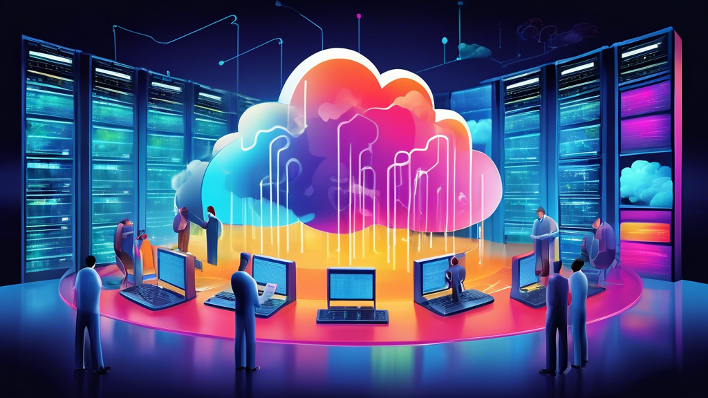 Create an image that depicts a vibrant cloud computing data center, with engineers working on various servers and computer systems. Show digital metrics an