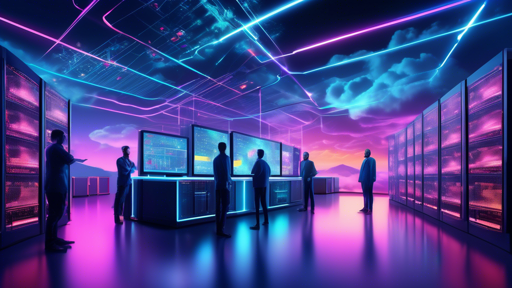A futuristic data center in the clouds, with servers and network equipment interconnected, glowing with vibrant neon lights. Engineers and technicians, bot