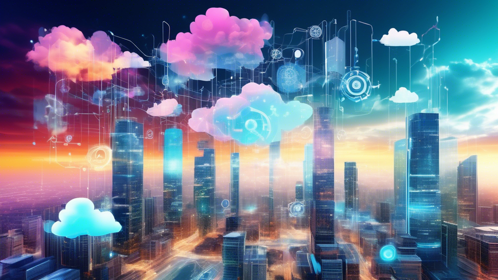 A futuristic, dynamic business environment with digital cloud formations expanding and connecting above skyscrapers, representing growth and adaptability.