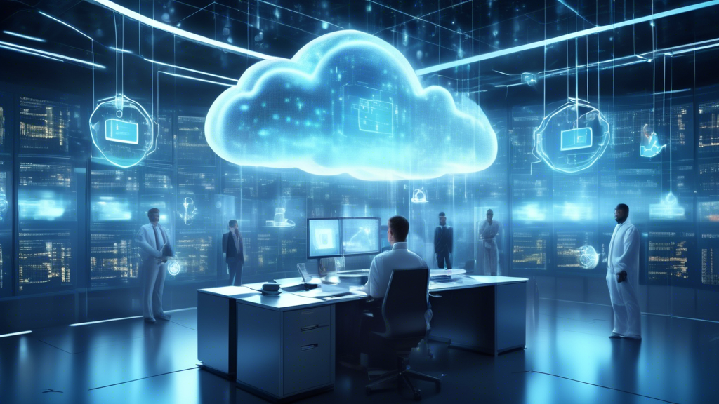 A futuristic scene of cybersecurity technology protecting data in a cloud environment. Show a large, semi-transparent cloud with holographic data and padlo