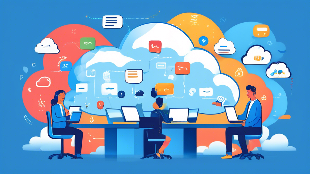 An illustration of a cloud-shaped help desk with friendly support agents inside, assisting users via multiple channels like chat, phone, and email. In the