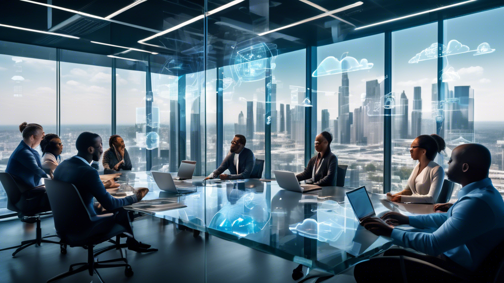 A diverse group of professionals gathered in a modern, high-tech conference room, attentively working on laptops and tablets. Several of them are engaged i