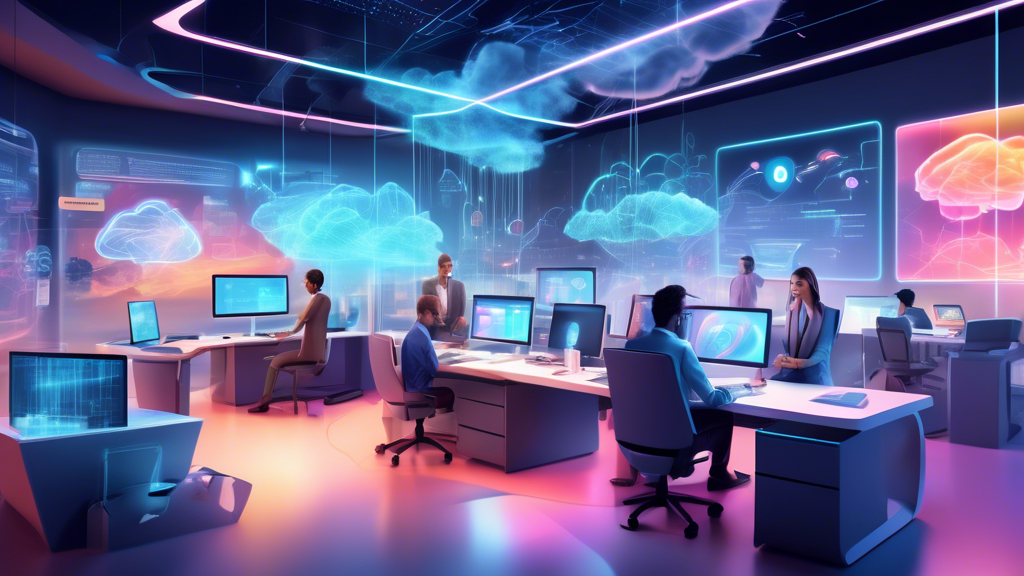 An illustration of a futuristic small business office, equipped with state-of-the-art cloud technology. The scene includes holographic displays, employees