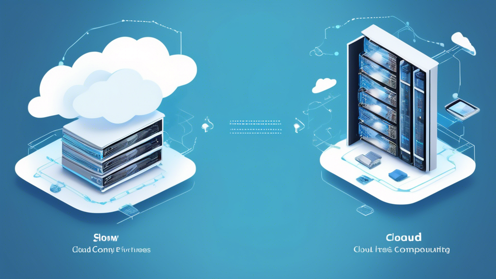 Create an image that visually compares cloud computing with on-premises servers. On one side, depict a modern, scalable cloud infrastructure with elements