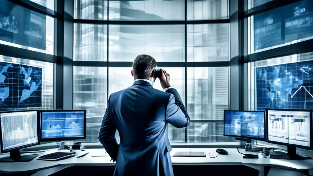 A businessman dressed in a sleek suit peers through binoculars from a modern office building, focusing intently on a distant rival company's headquarters.