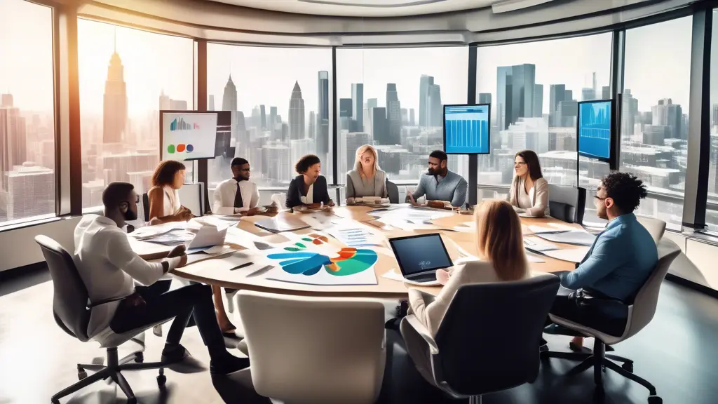 Create an image depicting a diverse group of professionals collaborating at a large round table, surrounded by documents, laptops, and tablets. They are al