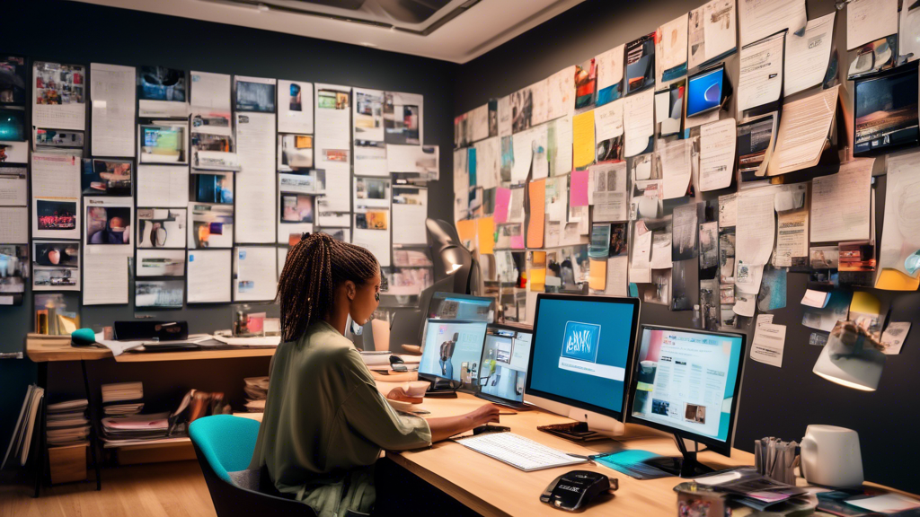 A vibrant workspace with a person sitting at a desk, surrounded by multiple computer screens and mobile devices displaying various social media, news websi
