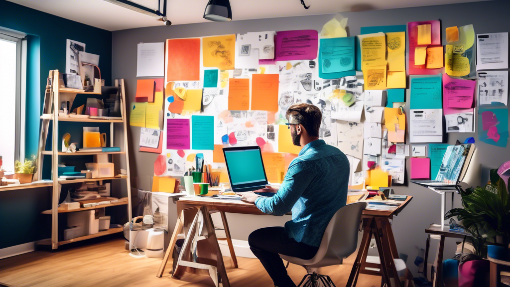 Create an image of a creative professional, such as a writer or designer, reworking various types of content in a vibrant studio space. Surround the person
