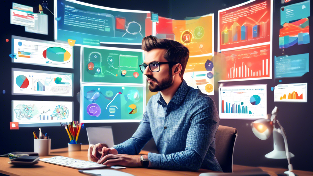 A focused digital marketer is sitting at a desk cluttered with SEO guides, analytics charts, and keyword research tools. The computer screen displays a con