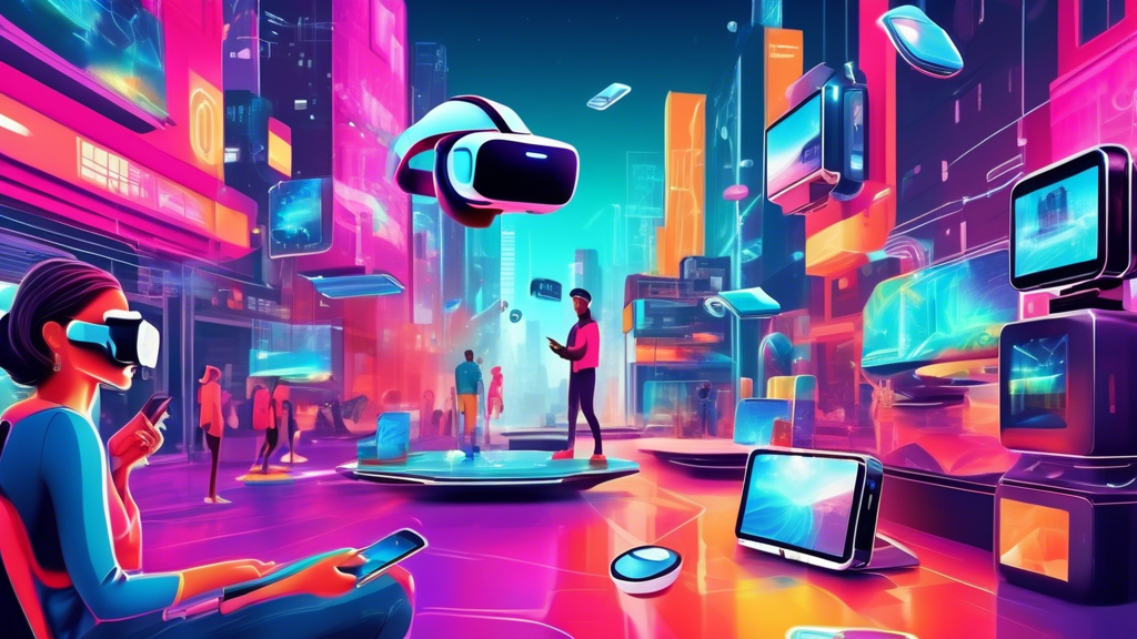 Illustration of futuristic digital devices seamlessly integrating augmented reality and virtual reality features, showcasing immersive tech interactions in