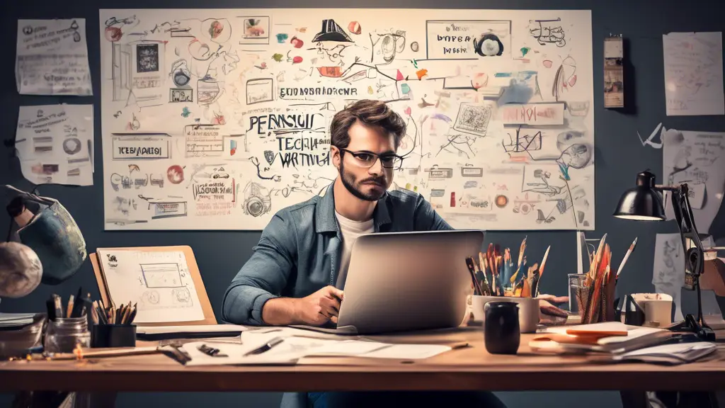 A dynamic scene of a professional copywriter sitting at a desk with creative tools, such as notebooks and a computer, surrounded by motivational posters an