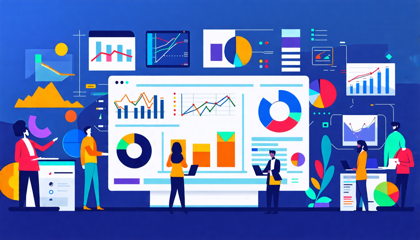 An infographic-style image showcasing a diverse group of business professionals analyzing customer experience metrics in a modern office setting. Include v