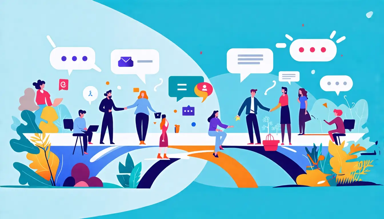 Create an image depicting a diverse group of people engaging in a dynamic conversation, with visual elements representing various communication tools like
