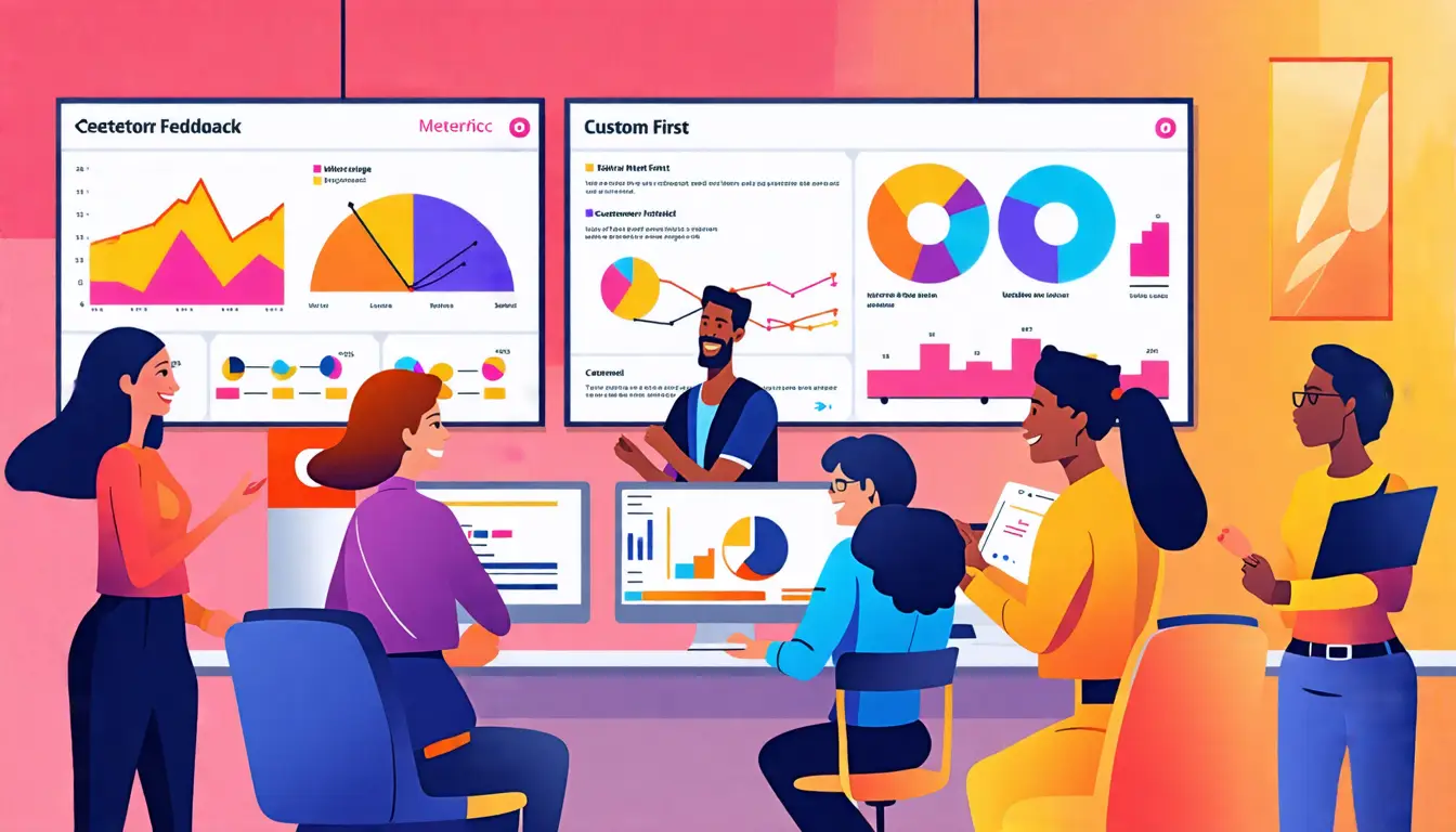 Create an image depicting a diverse group of employees in a modern office setting, actively engaging with customers and collaborating with each other. Show