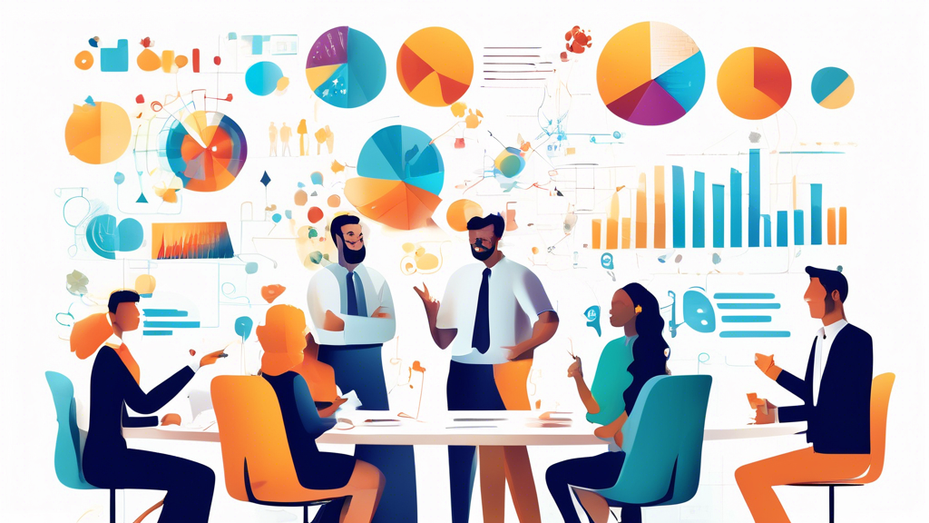 Create an image of a business setting featuring a cheerful and diverse group of people engaging in discussions and activities that promote customer relatio