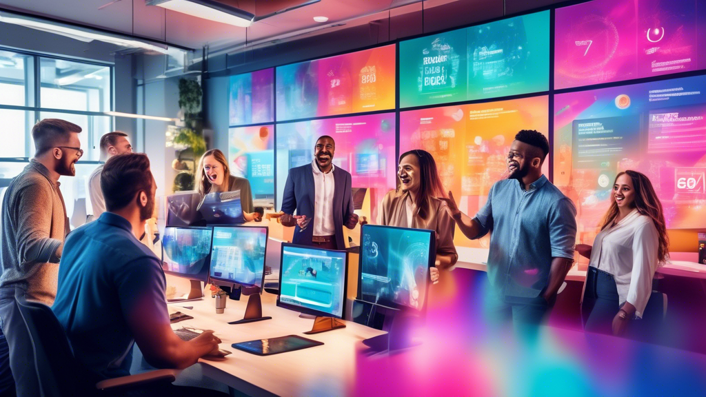 A vibrant image of a modern office space with employees passionately interacting with customers through bright, holographic displays. The setting showcases