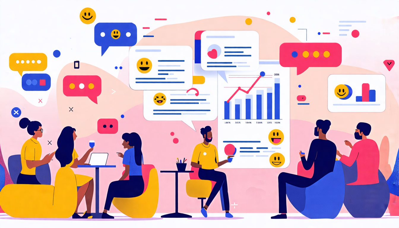 An artistic representation of customer feedback in action, featuring diverse individuals sharing their thoughts in a modern, engaging setting. Include elem