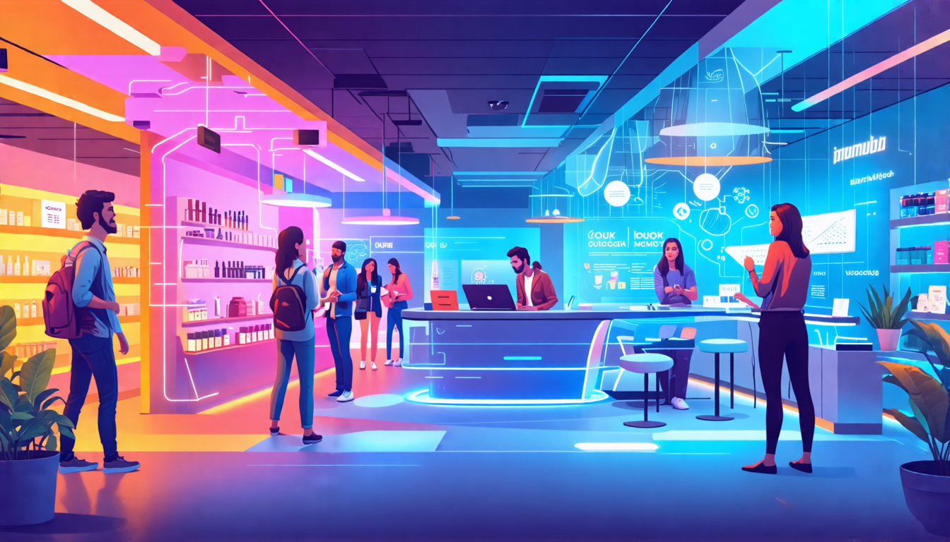 Create an image showcasing a futuristic, vibrant retail environment where technology and creativity merge to enhance customer experience. Include elements