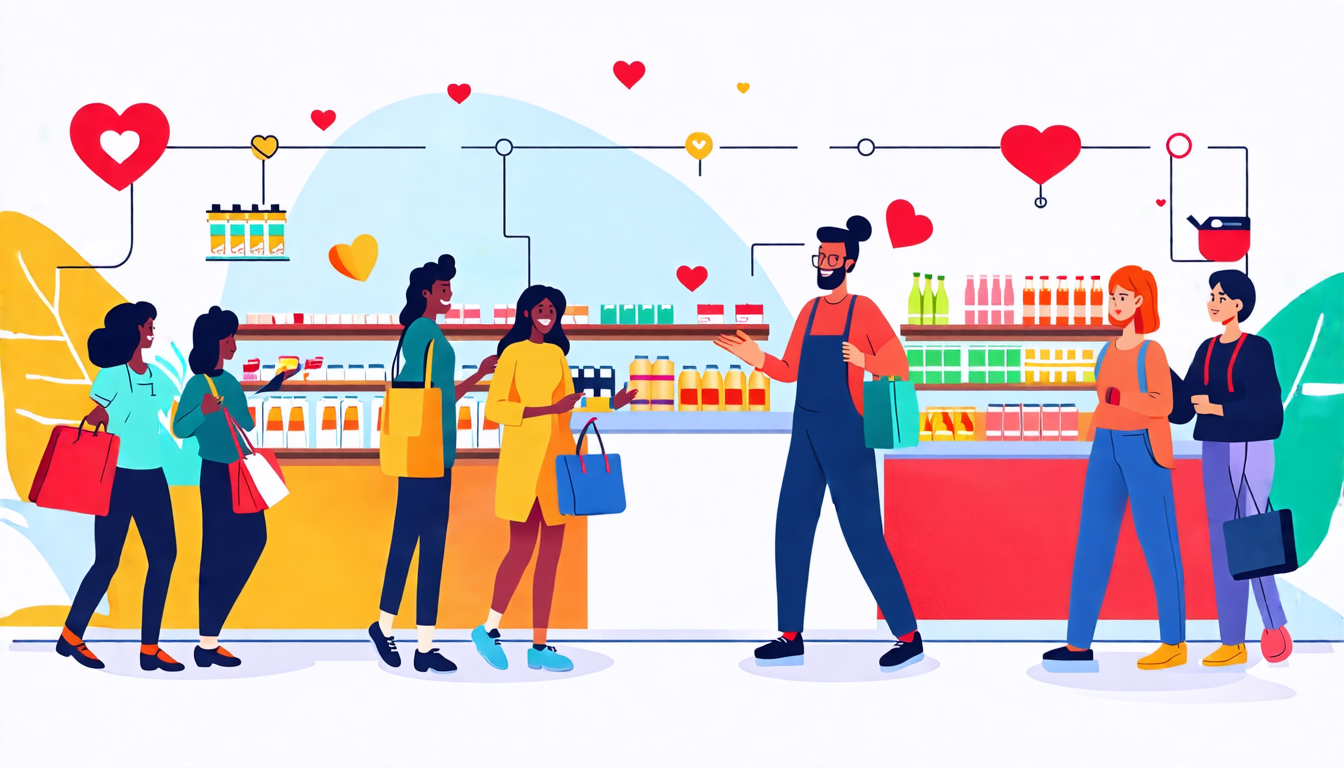 An illustration of a diverse group of happy customers engaged with a brand's products and services, showcasing moments of joy and satisfaction. Include ele