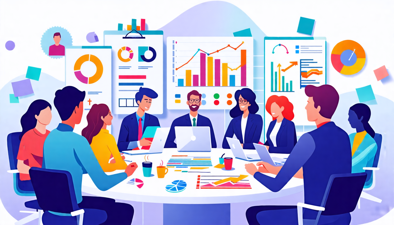 An illustration of diverse business professionals from various industries collaborating around a roundtable filled with charts, laptops, and graphs, symbol