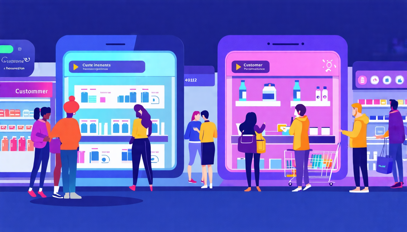 Create an image that illustrates the concept of customer experience personalization. Depict a diverse group of customers interacting with a futuristic, sma