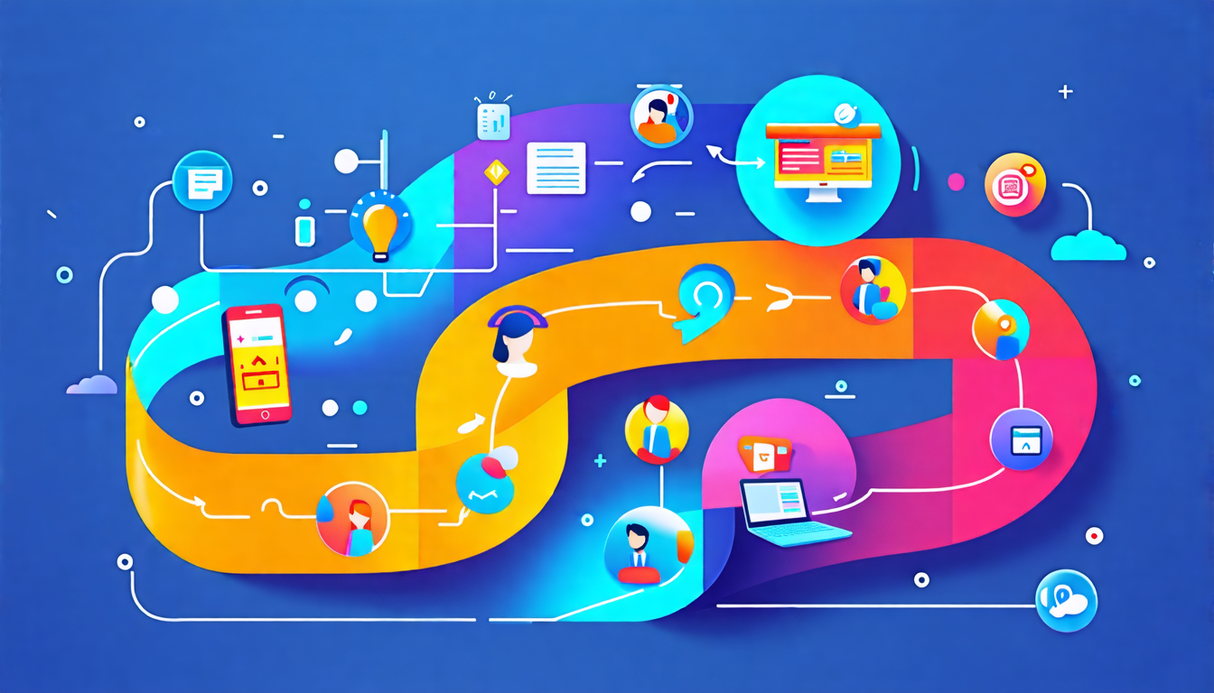 An abstract illustration symbolizing a customer experience strategy roadmap, featuring a winding road lined with various customer touchpoints like a phone,