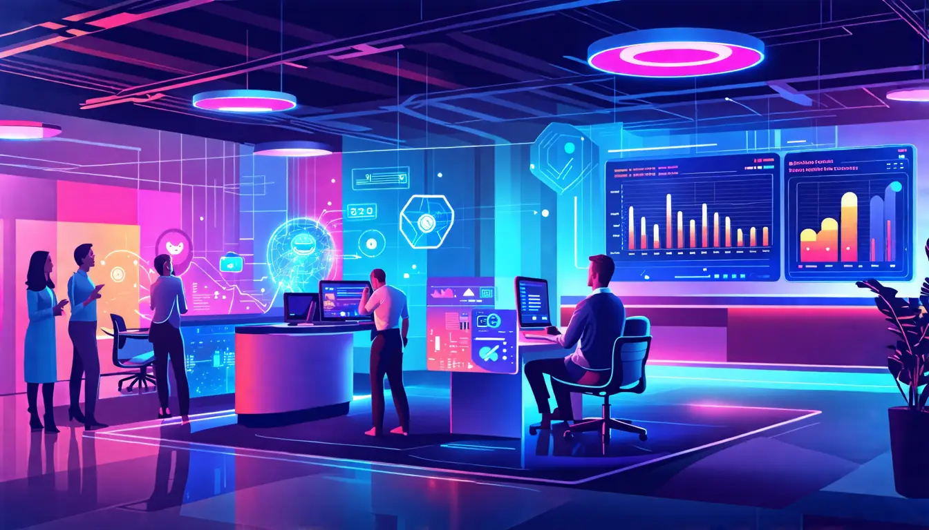 Create an image depicting a futuristic customer service center, showcasing various advanced technologies like AI chatbots, augmented reality interfaces, an