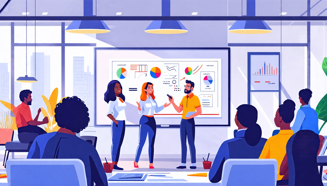 Create an illustration depicting a modern training session in a bright, open office space. Show a diverse group of employees engaged in a customer experien