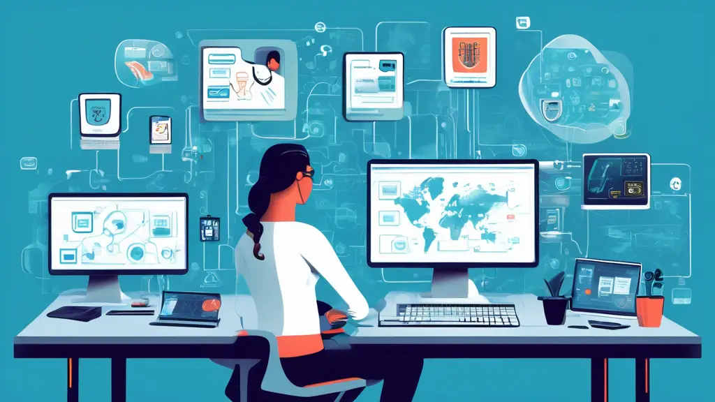 A detailed illustration of a modern workspace with a computer and multiple devices, showcasing a person following cyber hygiene best practices. The person
