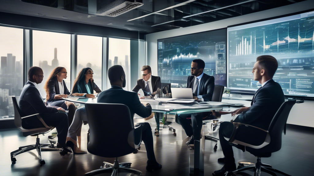 A detailed and modern office setting with a diverse group of business professionals gathered around a conference table. They are holding a meeting with a l