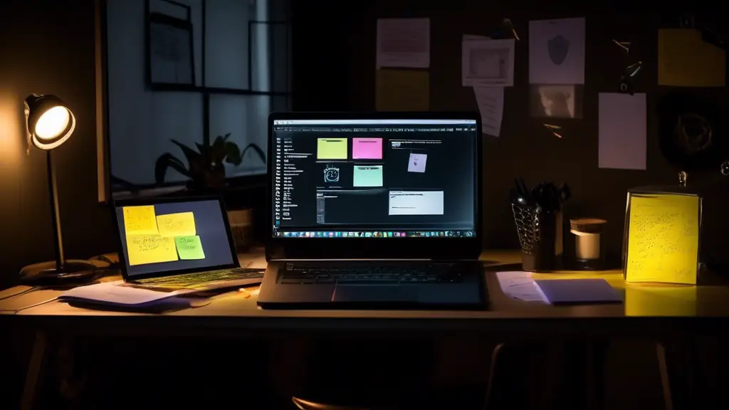 A dimly lit home office with a laptop displaying a shield icon on the screen, surrounded by DIY security tools such as sticky notes, inexpensive web camera