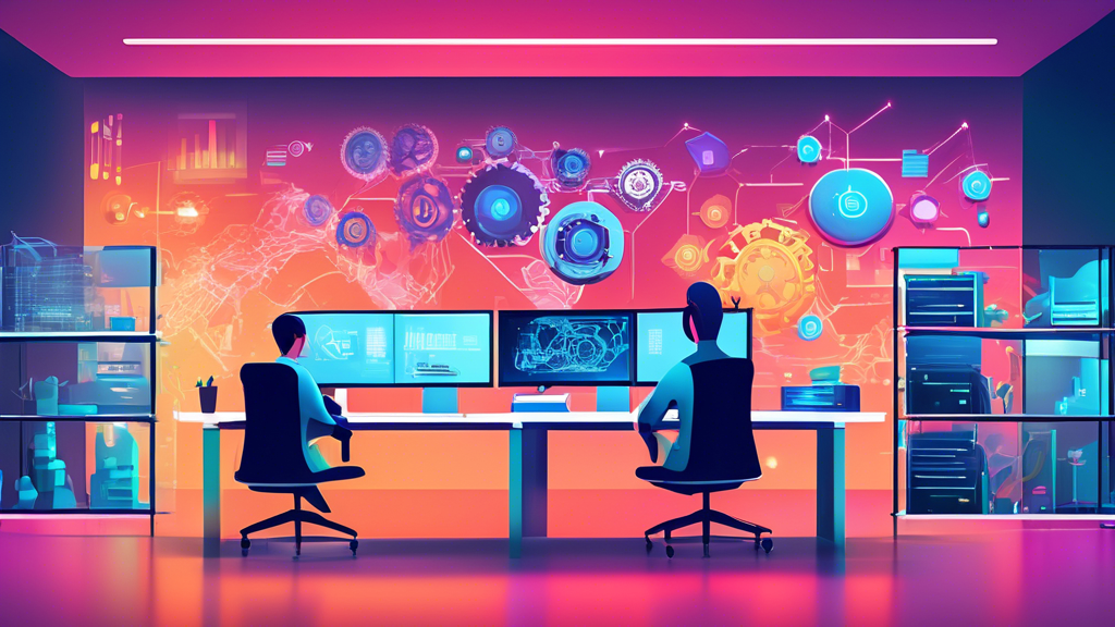 Create an image depicting a modern office space with sleek desktops and multiple digital screens displaying automated data processes. Include visual elemen
