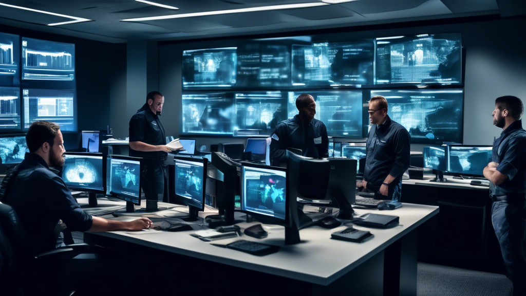 A high-tech office environment where employees are participating in a data breach drill. The scene shows security experts demonstrating prevention techniqu