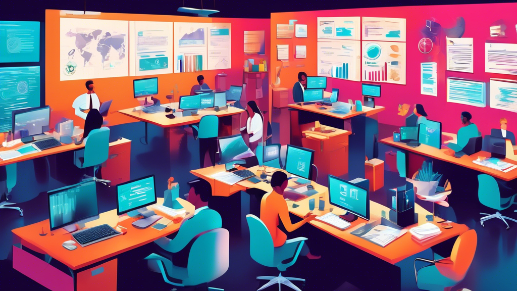 A detailed illustration of a business office with diverse professionals collaborating at desks, surrounded by stacks of legal documents, digital screens di